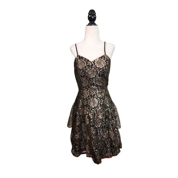 Black & Gold Ruffle Lace Prom Dress Strappy Sexy 80s Short Tiered - Picture 1 of 5